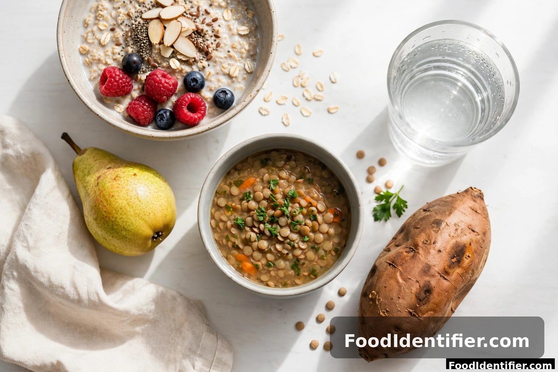 A sample high-fiber small-meal day for GLP-1 users — gentle foods spread across five meals.